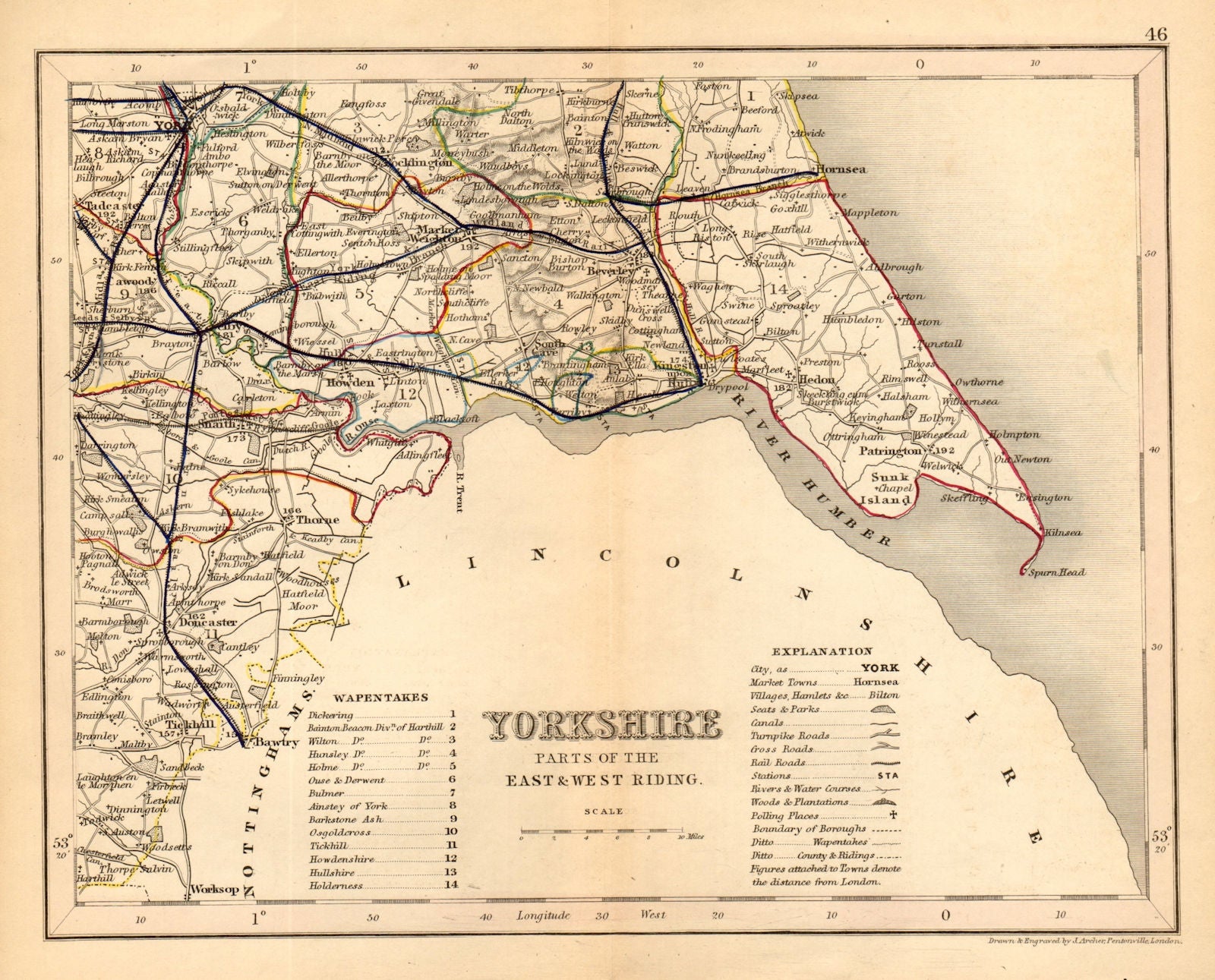 YORKSHIRE, SOUTH EAST county map showing wapentakes by ARCHER & DUGDALE 1845
